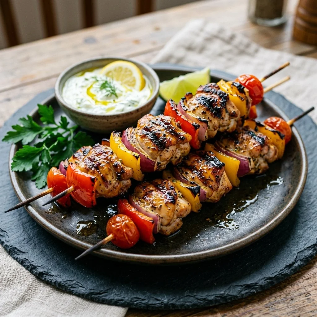 Delicious grilled chicken skewers alongside fresh vegetables on a plate