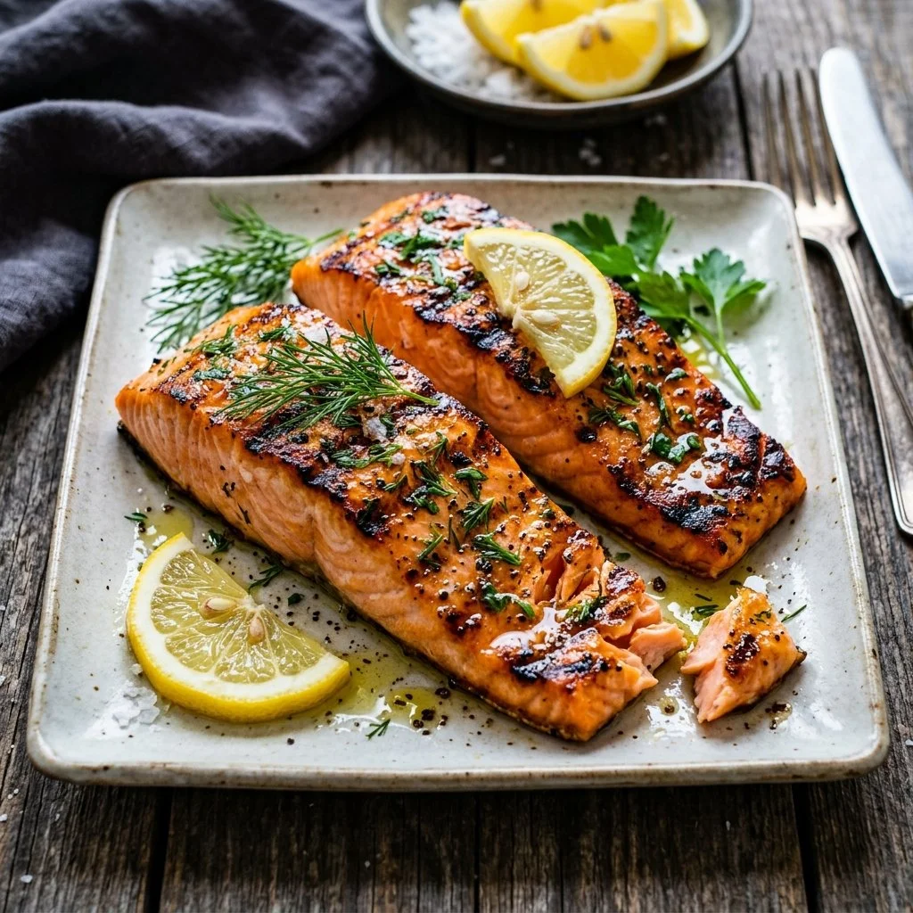 Grilled salmon fillets on a plate garnished with herbs and lemon.
