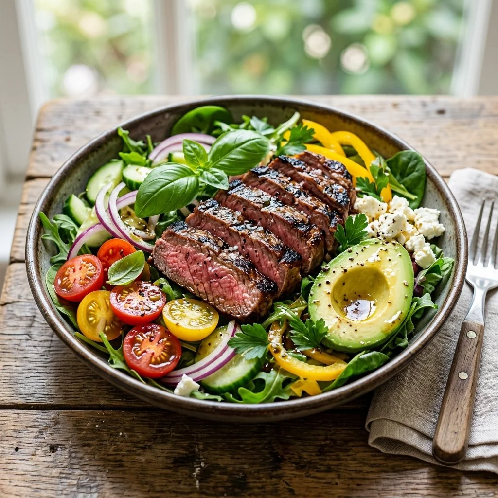 Delicious grilled steak salad with fresh greens and vibrant toppings