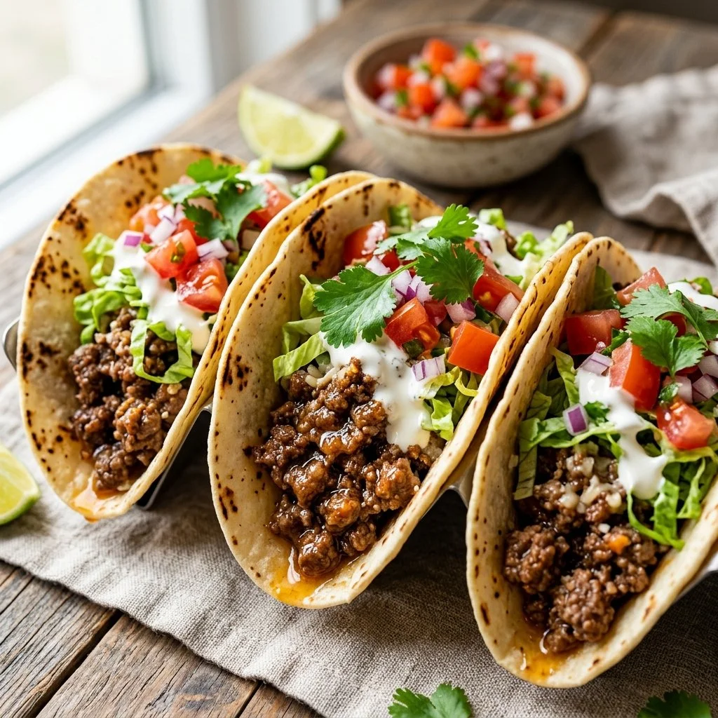 Delicious ground beef tacos served with toppings on a plate