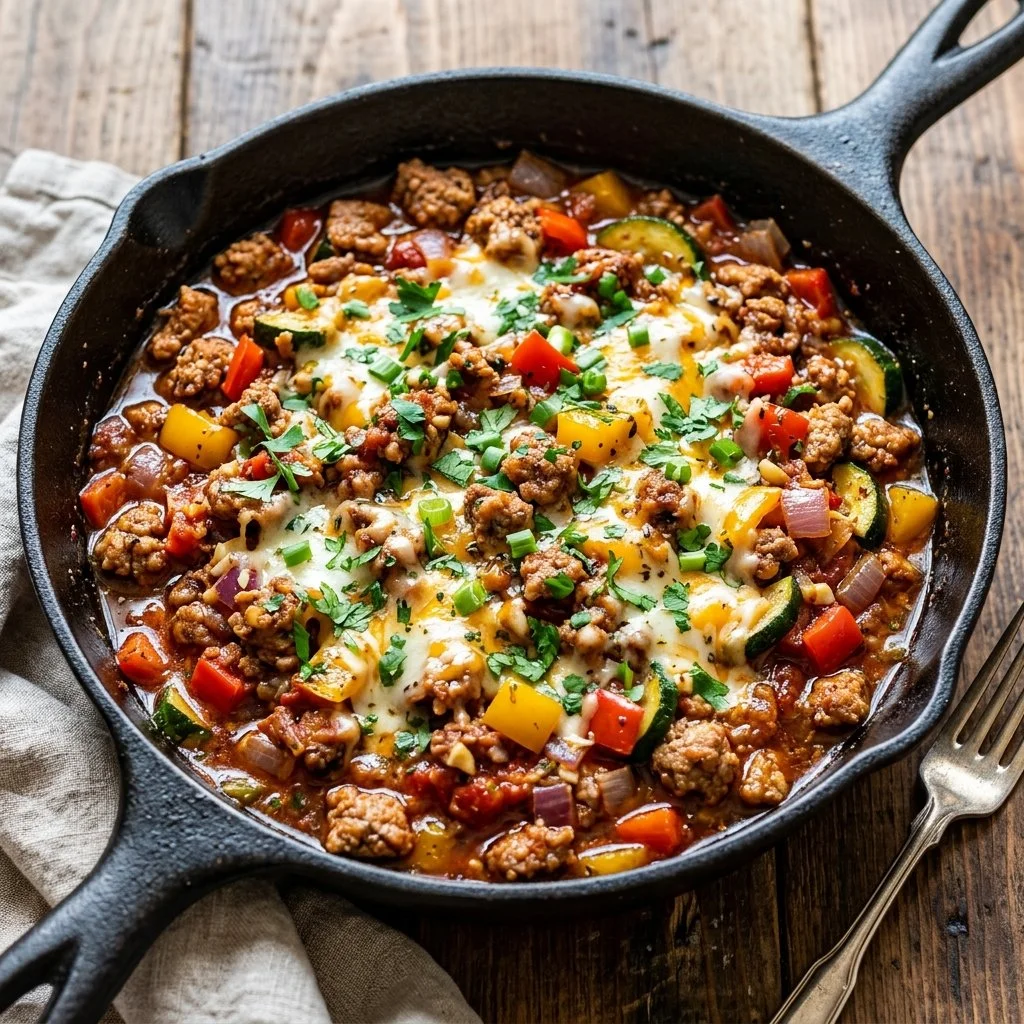Ground Turkey Skillet featuring fresh vegetables and herbs in a pan