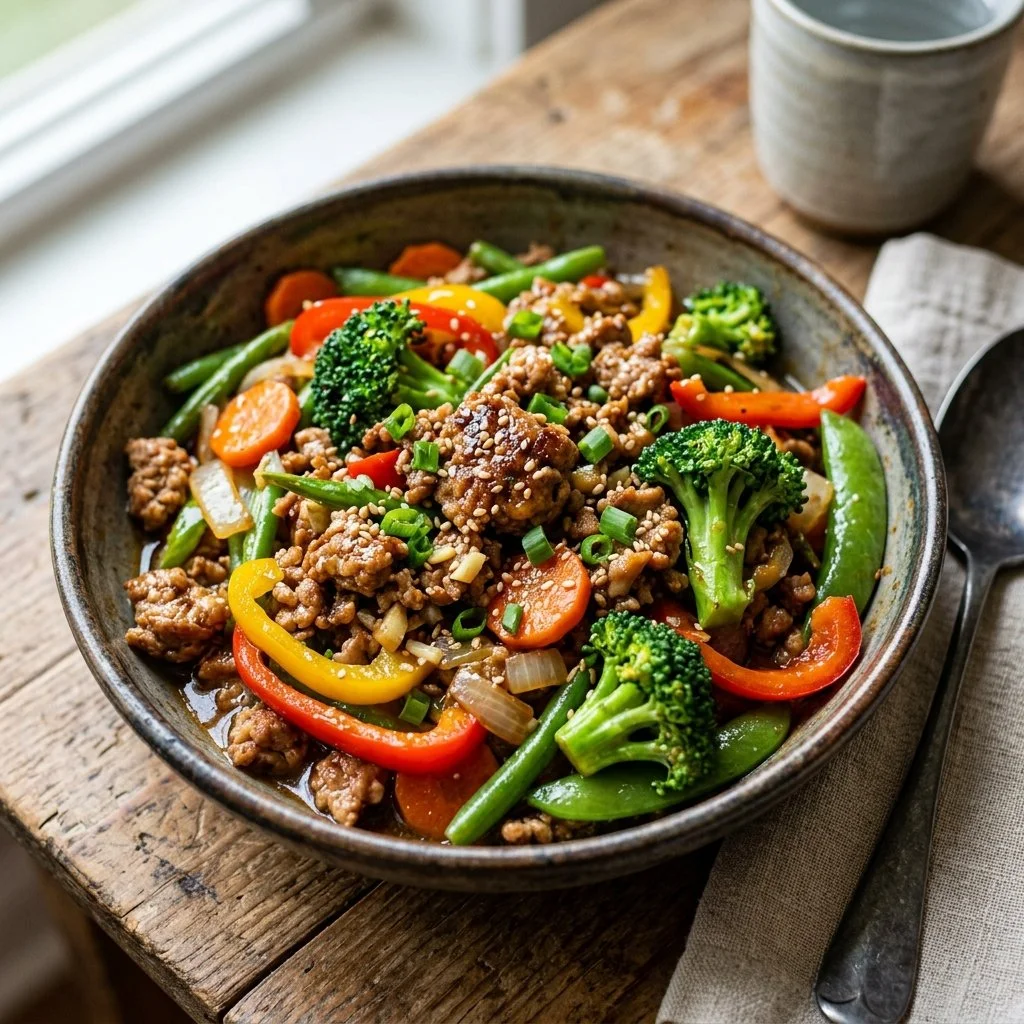 Ground turkey stir fry dish with colorful vegetables and herbs