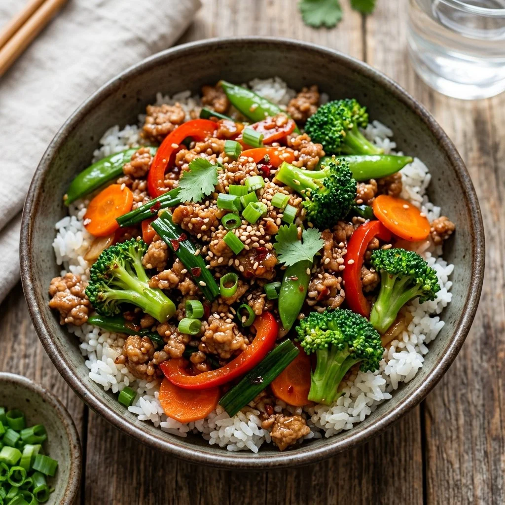 Delicious ground turkey stir fry with vegetables in a skillet.