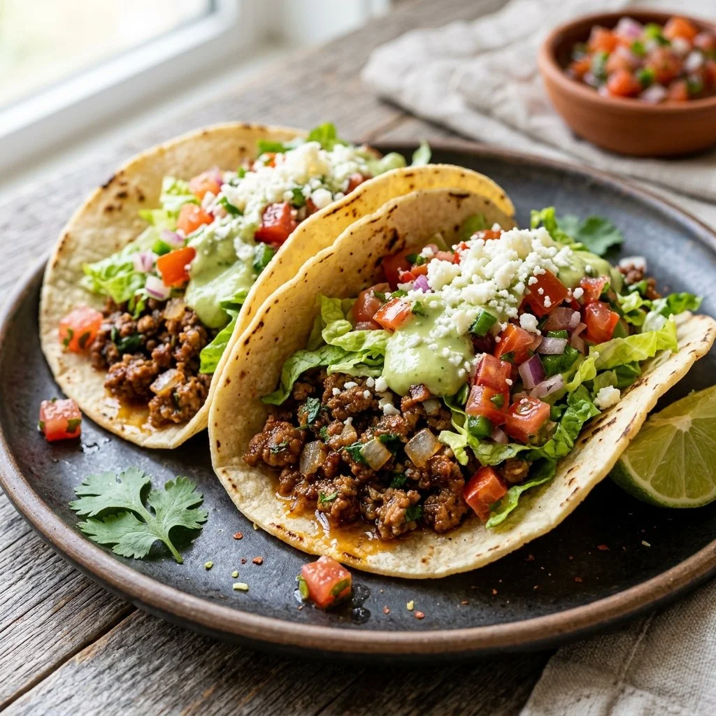 Plate of flavorful ground turkey tacos topped with fresh ingredients