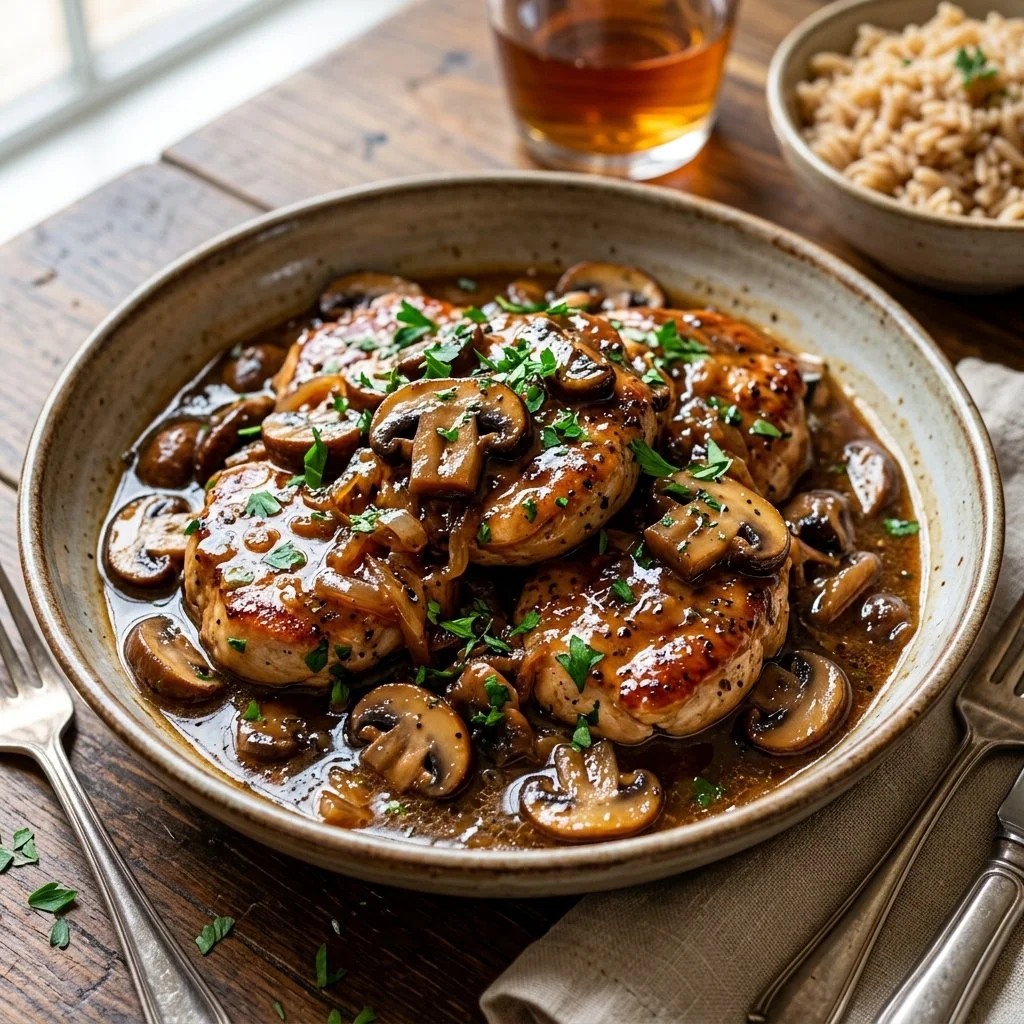 Healthy Chicken Marsala dish with mushrooms and wine sauce served on a plate.