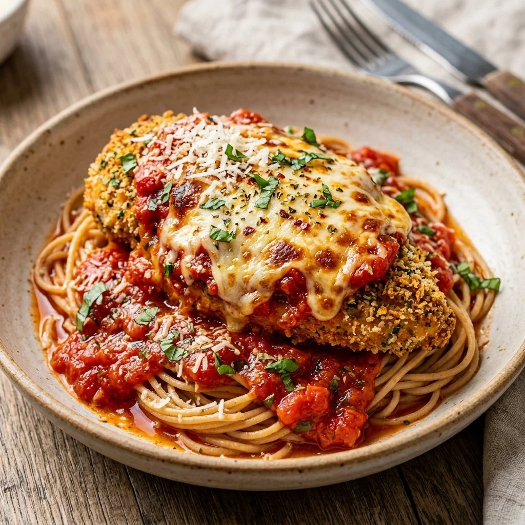 Healthy Chicken Parmesan with fresh herbs and a crispy coating