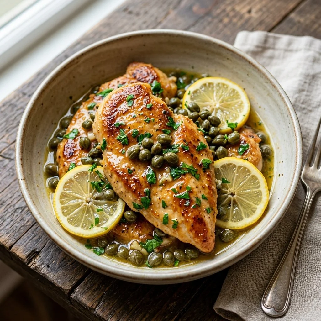 Healthy Chicken Piccata with lemon, capers, and fresh herbs served on a plate.