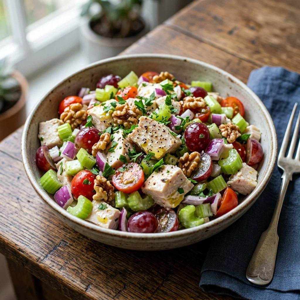 Healthy chicken salad with fresh vegetables and flavorful dressing