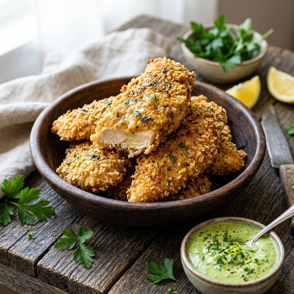 Healthy chicken tenders served with dipping sauce and fresh veggies