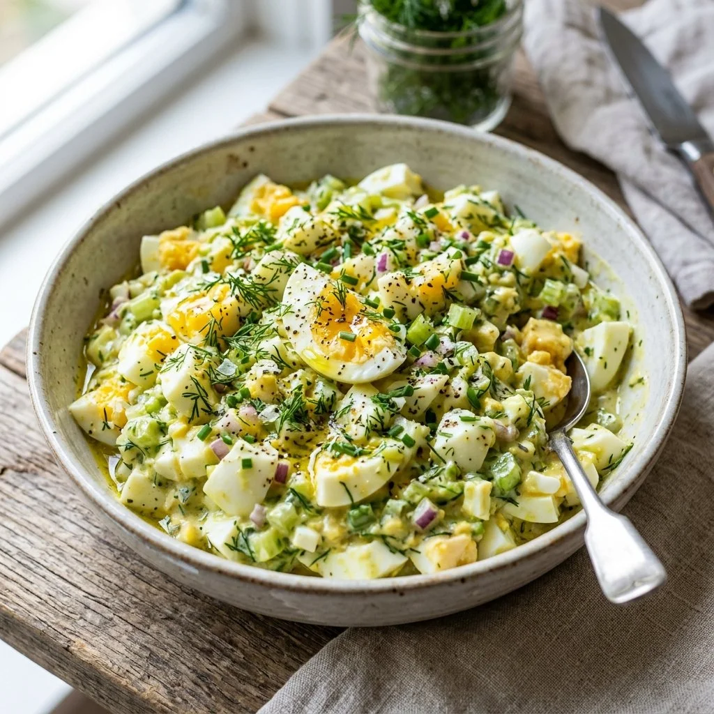 Bowl of healthy egg salad with fresh ingredients and herbs