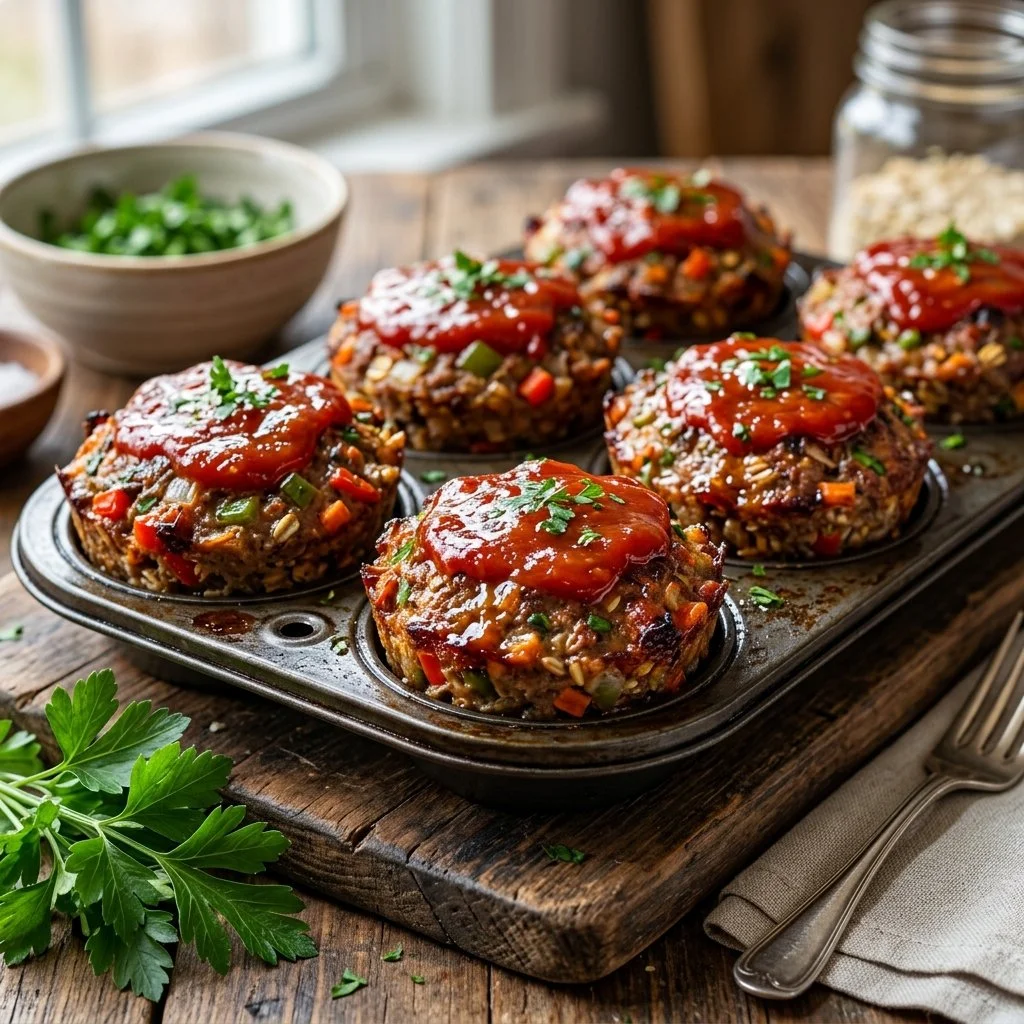 Healthy meatloaf muffins served on a plate with vegetables.