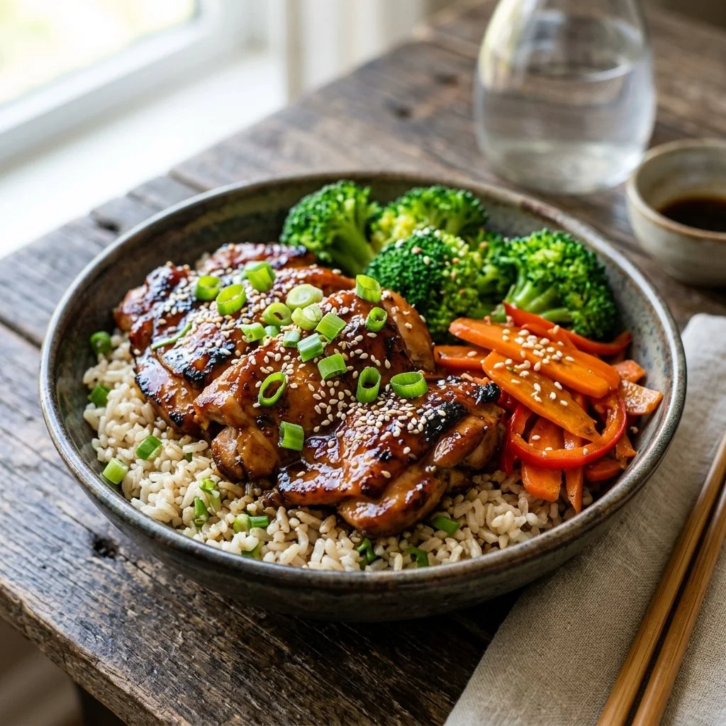 Healthy teriyaki chicken dish served with vegetables