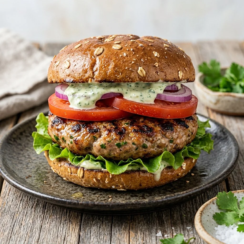 Healthy turkey burger with fresh vegetables and whole grain bun