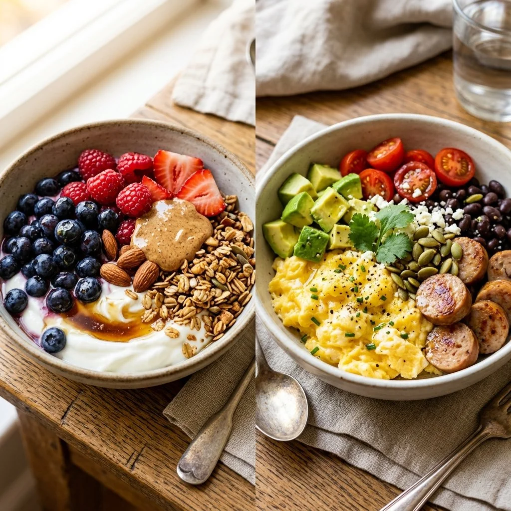 Delicious high protein breakfast bowls with eggs, yogurt, and fruit.