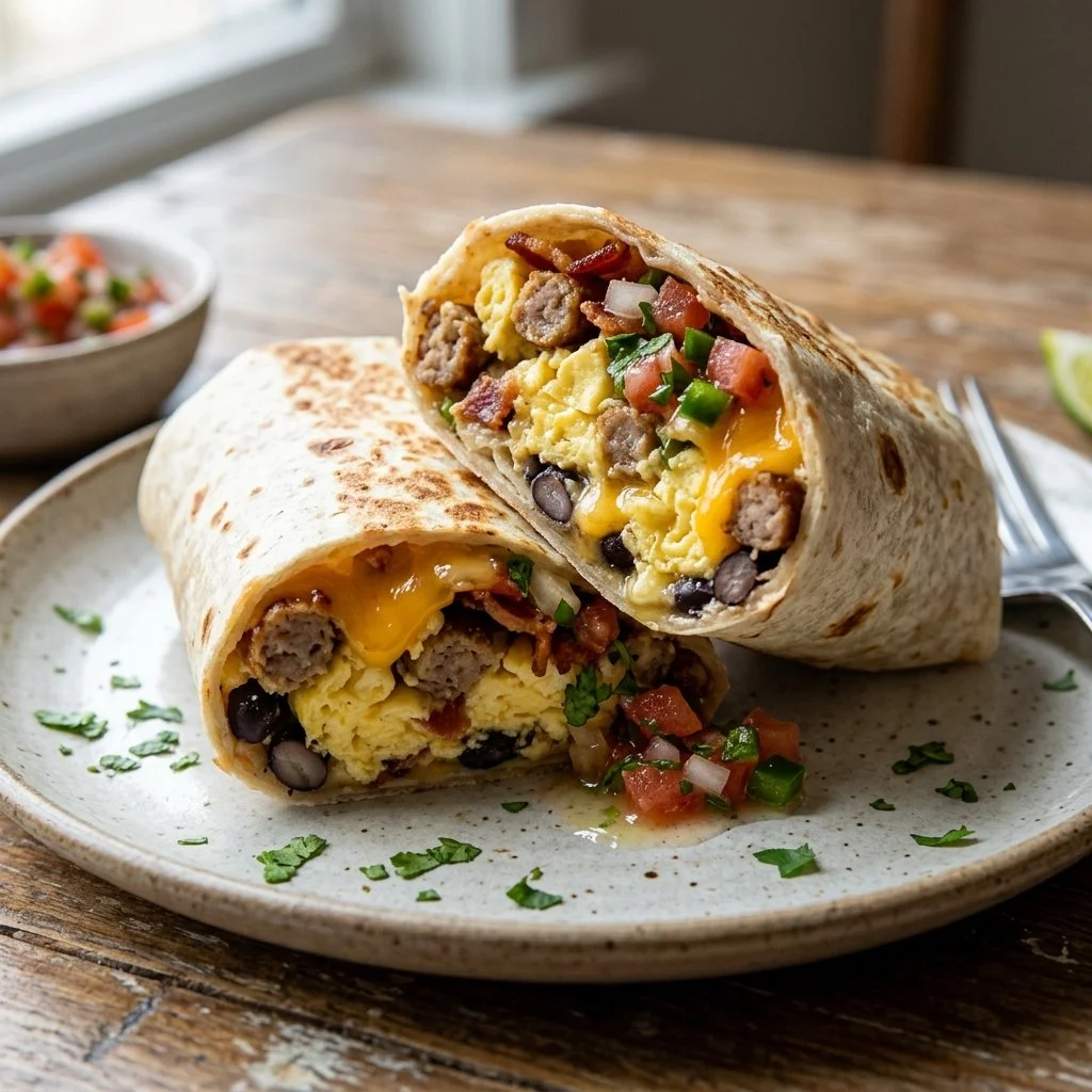 High protein breakfast burrito loaded with eggs, beans, and veggies