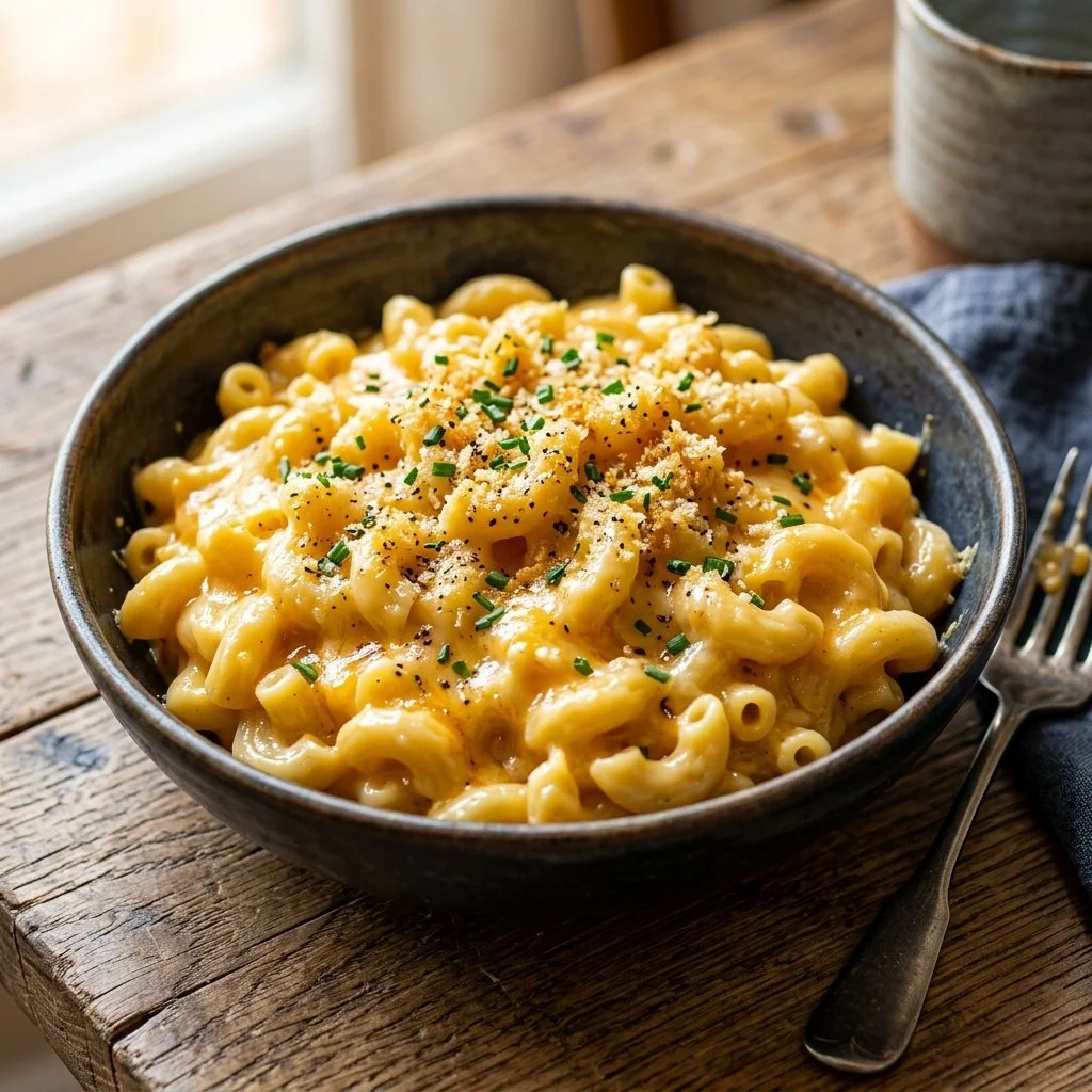 High protein mac and cheese dish with creamy sauce and pasta
