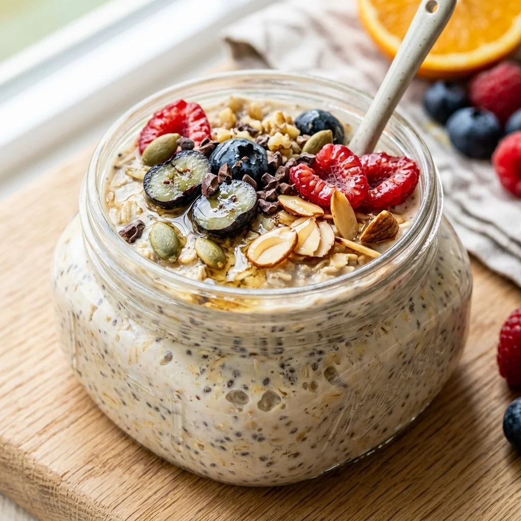 High protein overnight oats topped with fruits and nuts for a healthy breakfast.