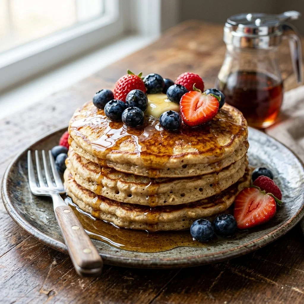 Fluffy high protein pancakes topped with fresh berries and maple syrup