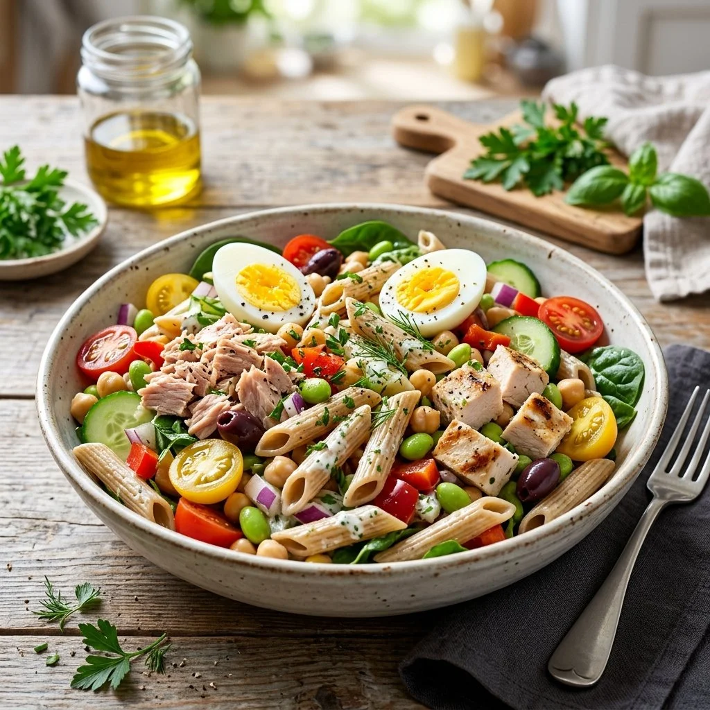 High protein pasta salad featuring colorful vegetables and protein-rich ingredients.