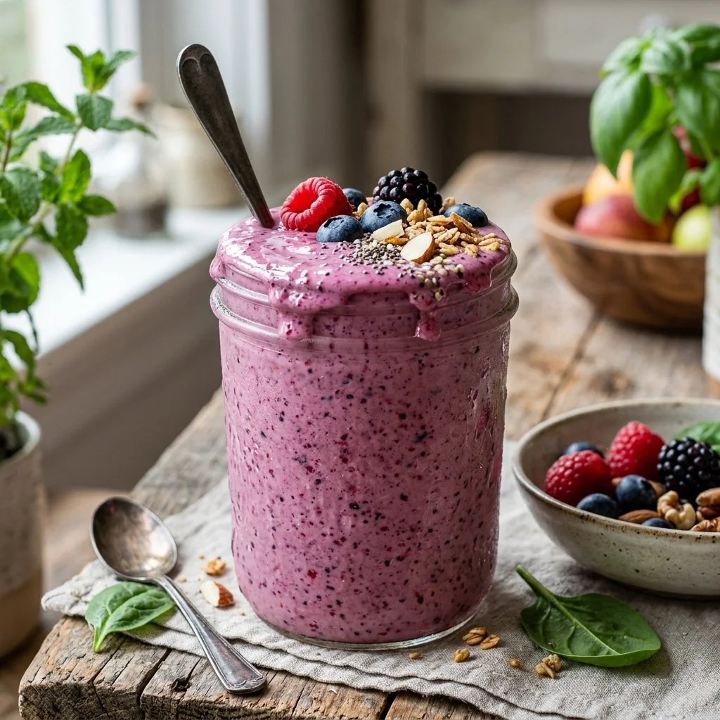 High protein smoothie with fruits and protein powder in a glass