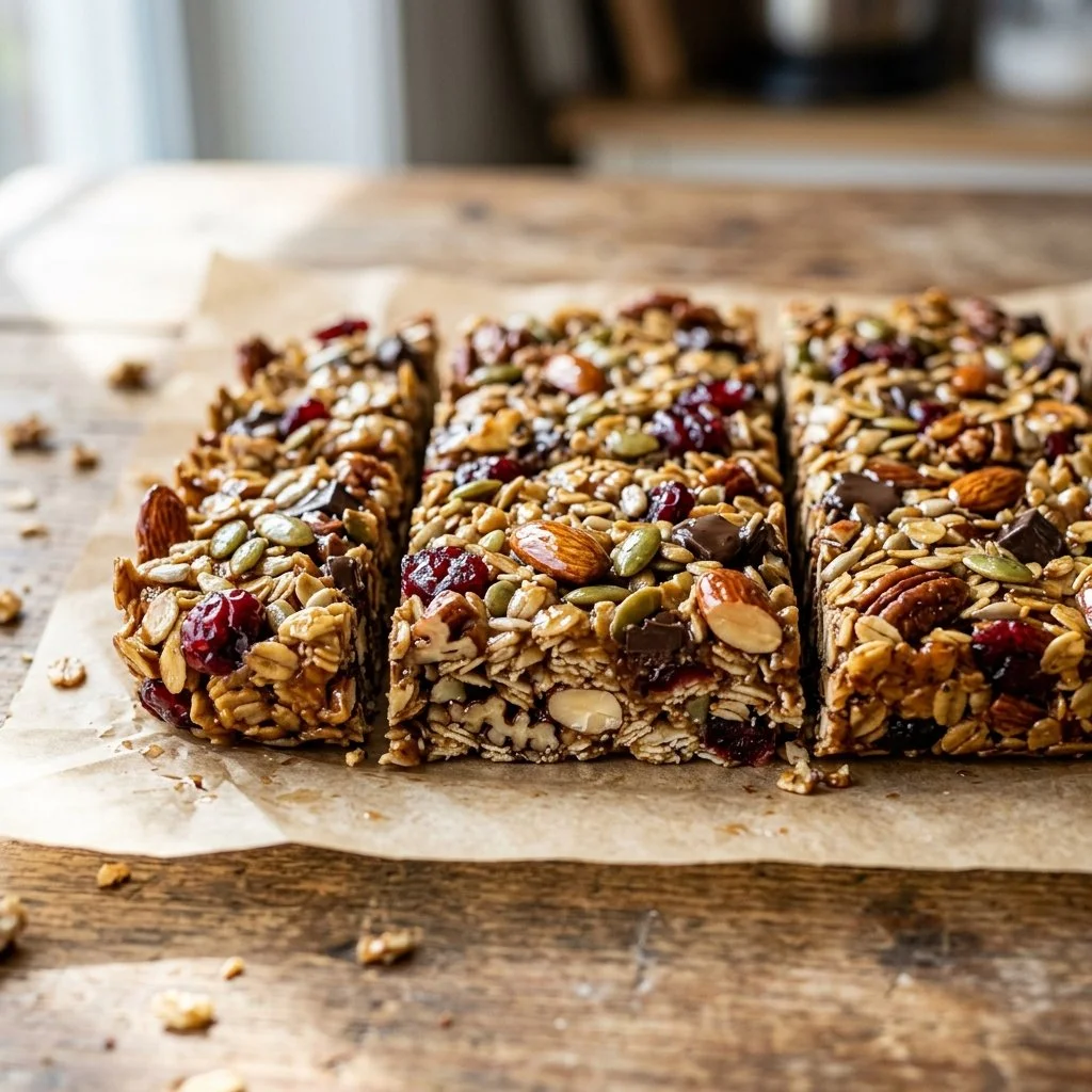 Homemade granola bars made with oats, nuts, and dried fruit