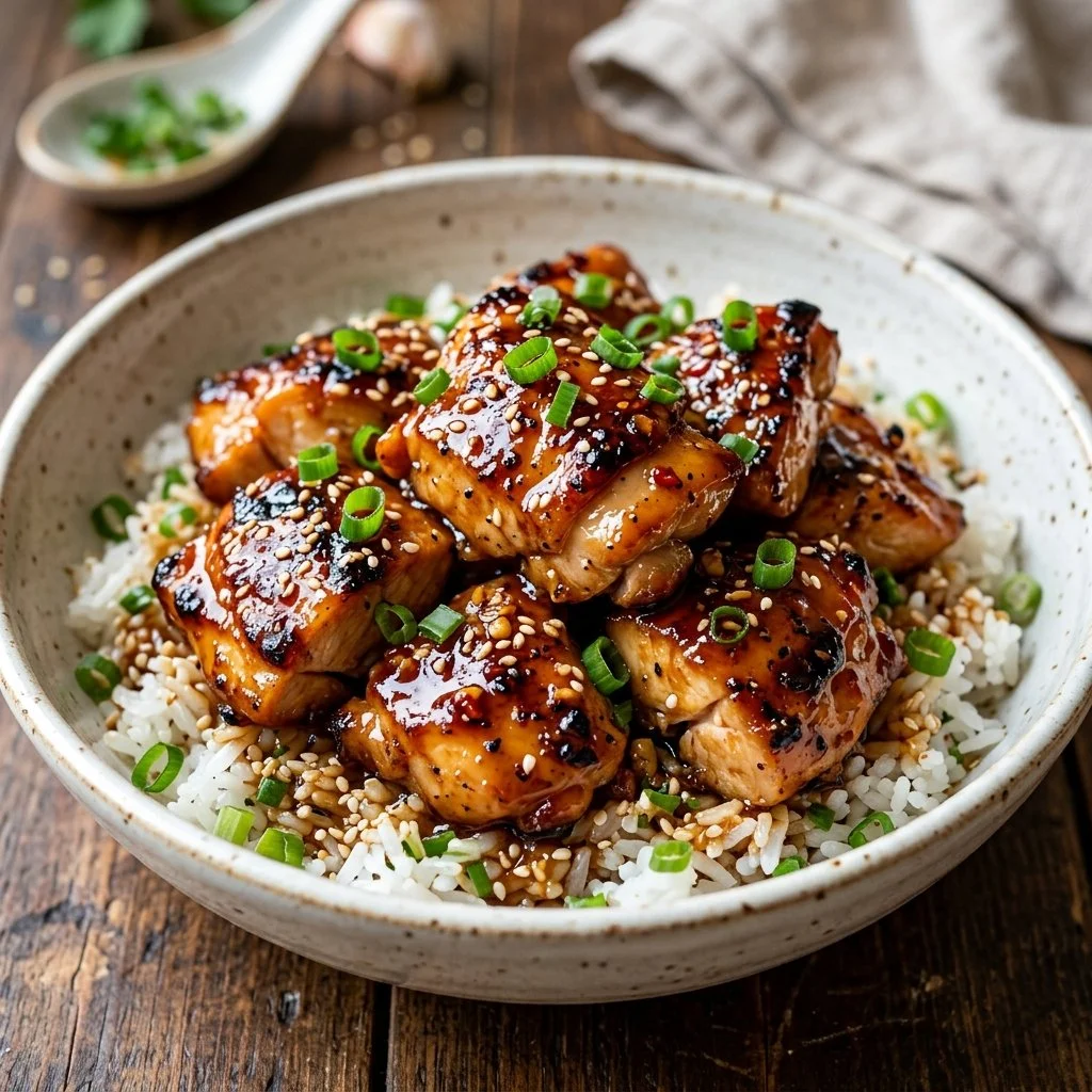 Plate of honey garlic chicken breast garnished with herbs