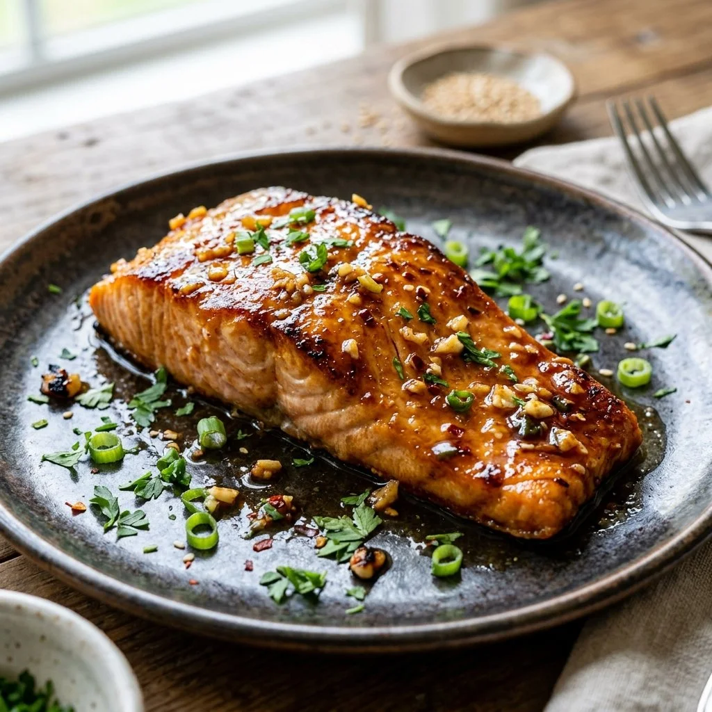 Honey garlic salmon prepared with a rich glaze and garnished with herbs.