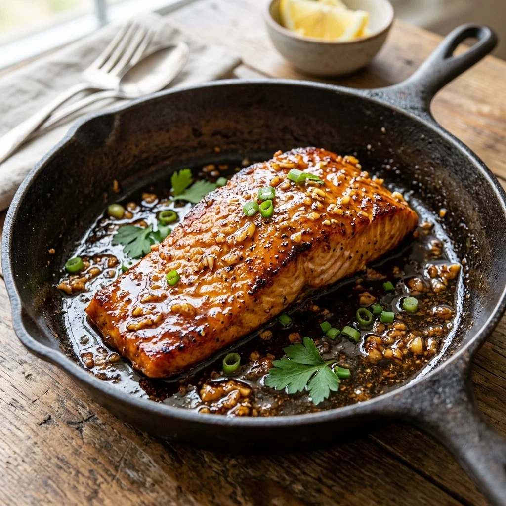 Delicious honey garlic salmon fillet garnished with herbs on a plate