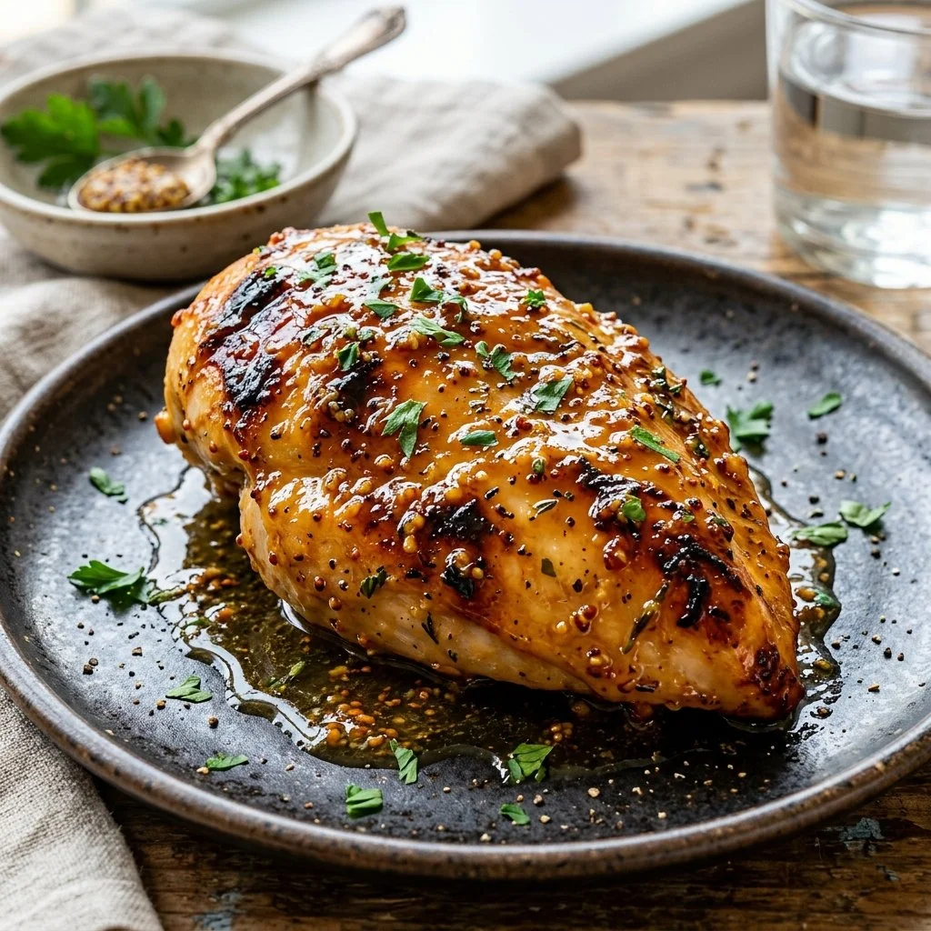 Juicy Honey Mustard Chicken garnished with fresh herbs on a plate.