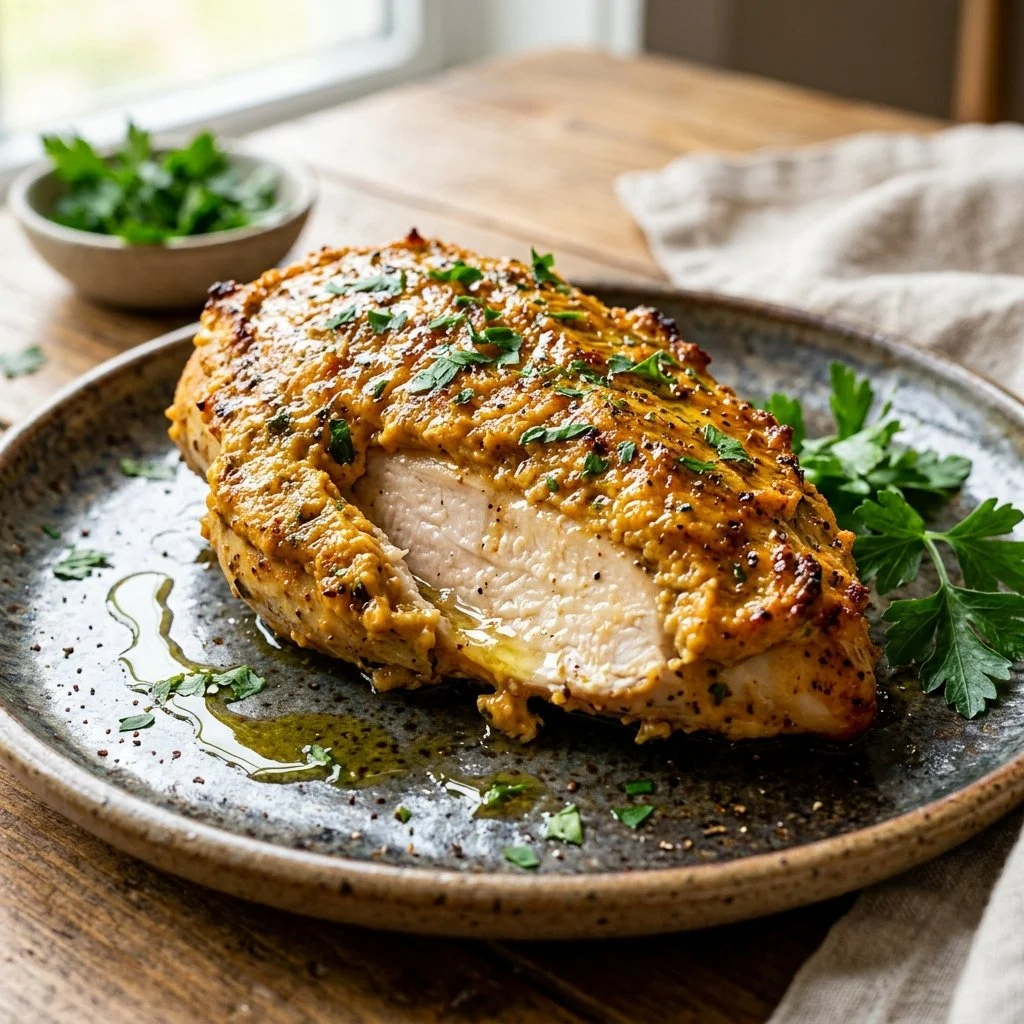 Hummus Crusted Chicken plated with fresh vegetables