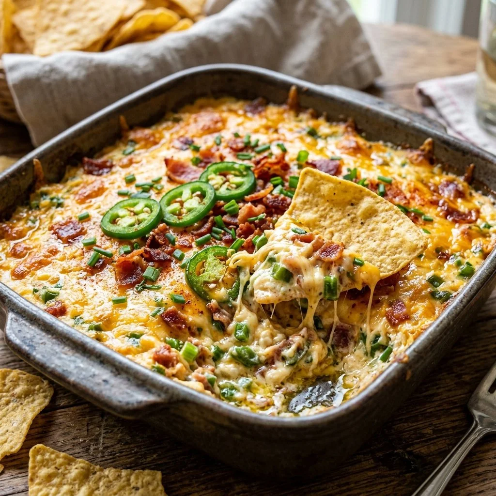 Delicious Jalapeno Popper Dip served in a bowl with tortilla chips.