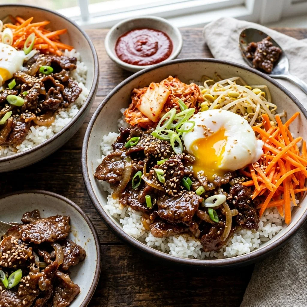 Delicious Korean beef bowls with tender beef and fresh vegetables.