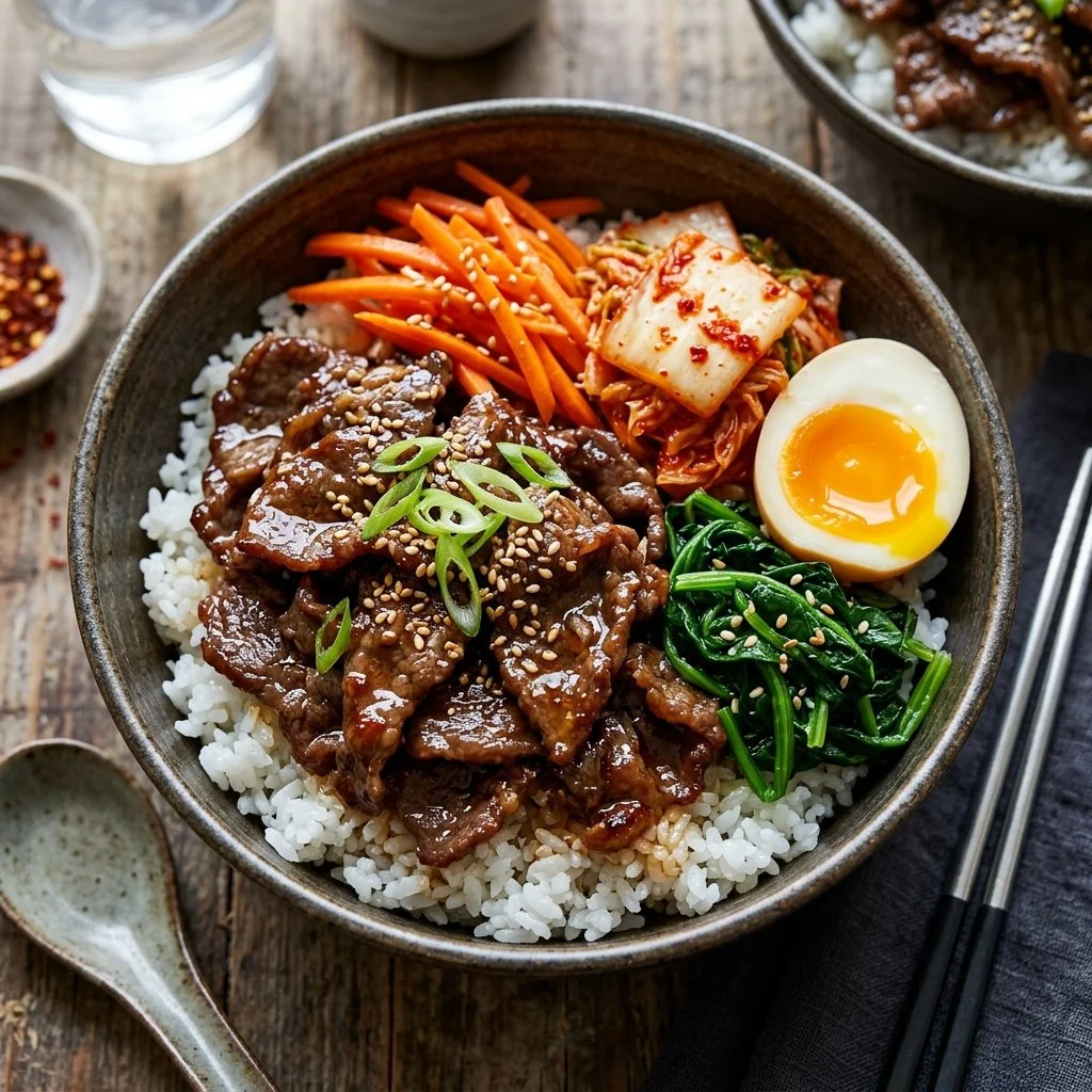 Delicious Korean Beef Bowl topped with vegetables and sesame seeds
