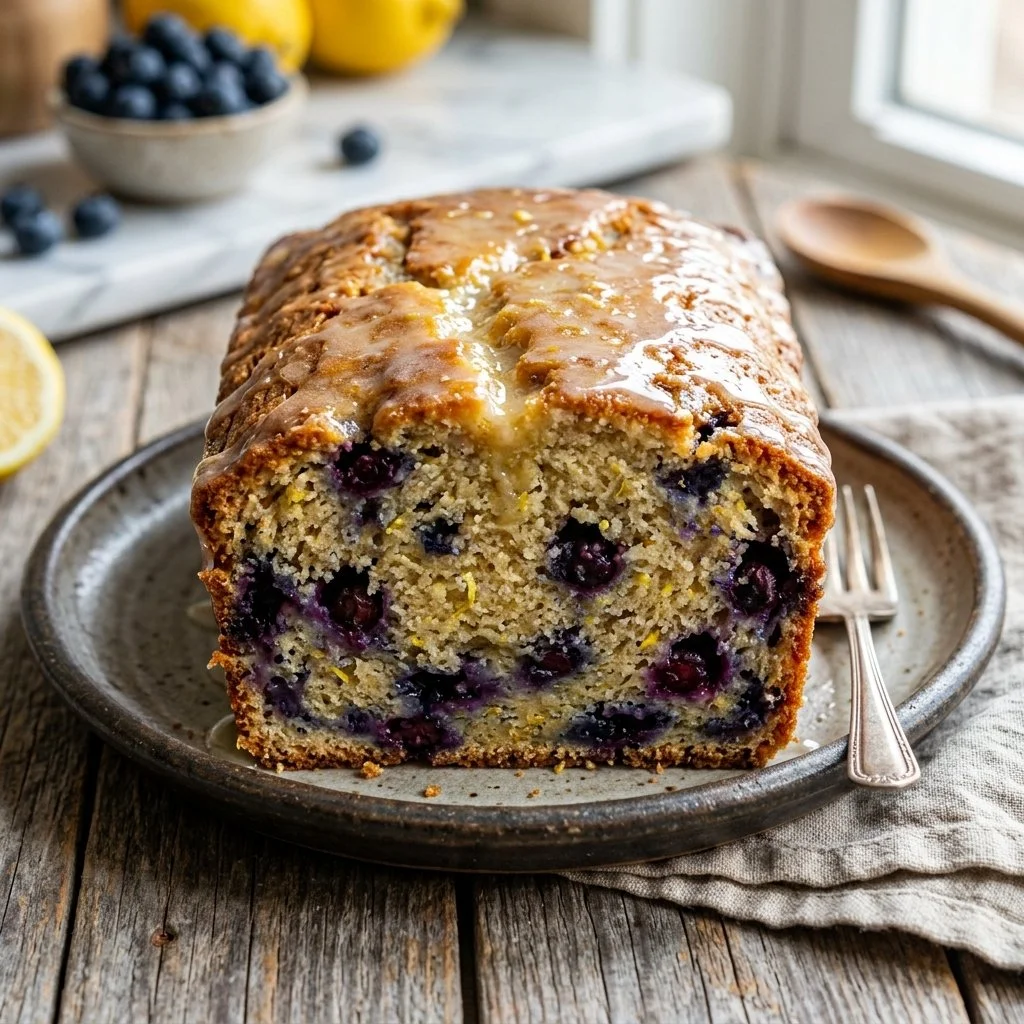 Freshly baked lemon blueberry bread with fruits on a wooden table
