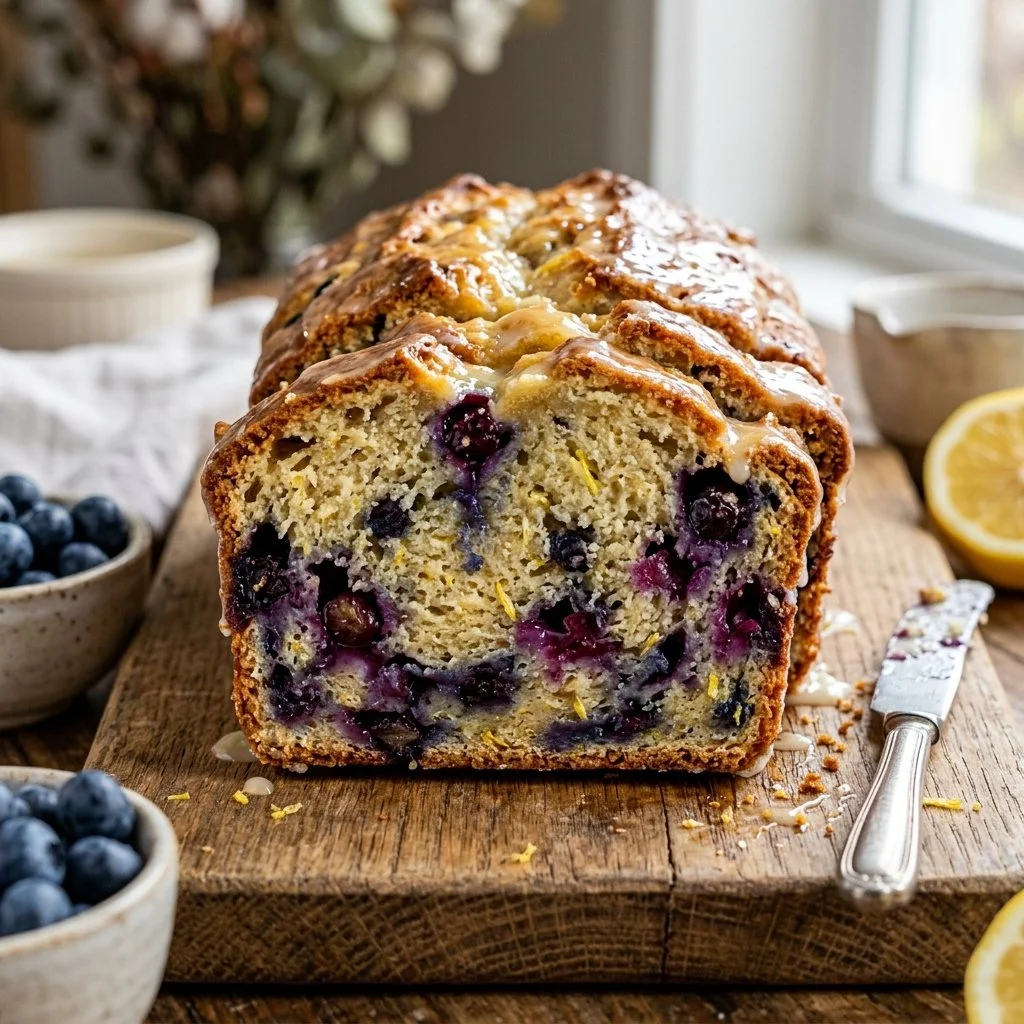 Freshly baked lemon blueberry bread with a golden crust and vibrant blueberries