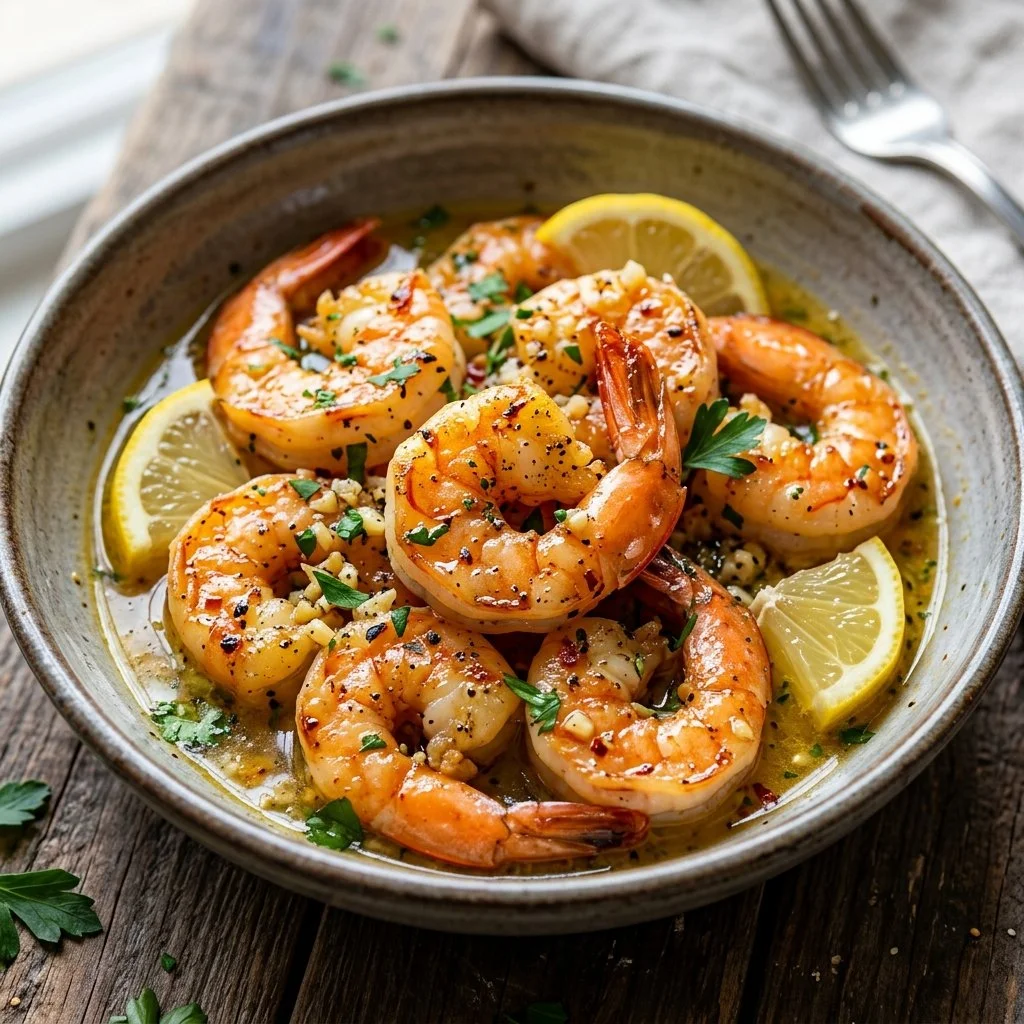 Delicious lemon garlic butter shrimp served with fresh herbs and lemon wedges