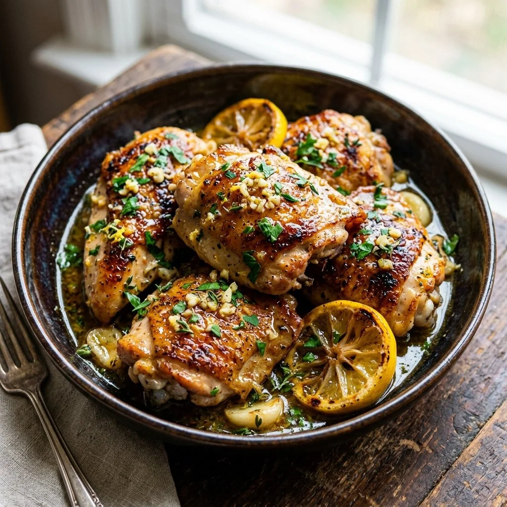 Delicious Lemon Garlic Chicken garnished with fresh herbs and lemon slices