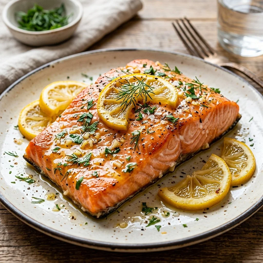 Delicious lemon garlic salmon fillet garnished with herbs and lemon slices.