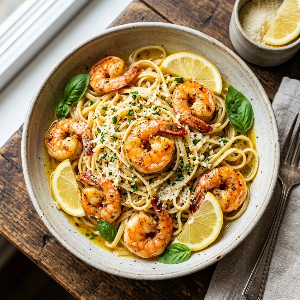 Delicious lemon garlic shrimp pasta served with fresh herbs and lemon slices