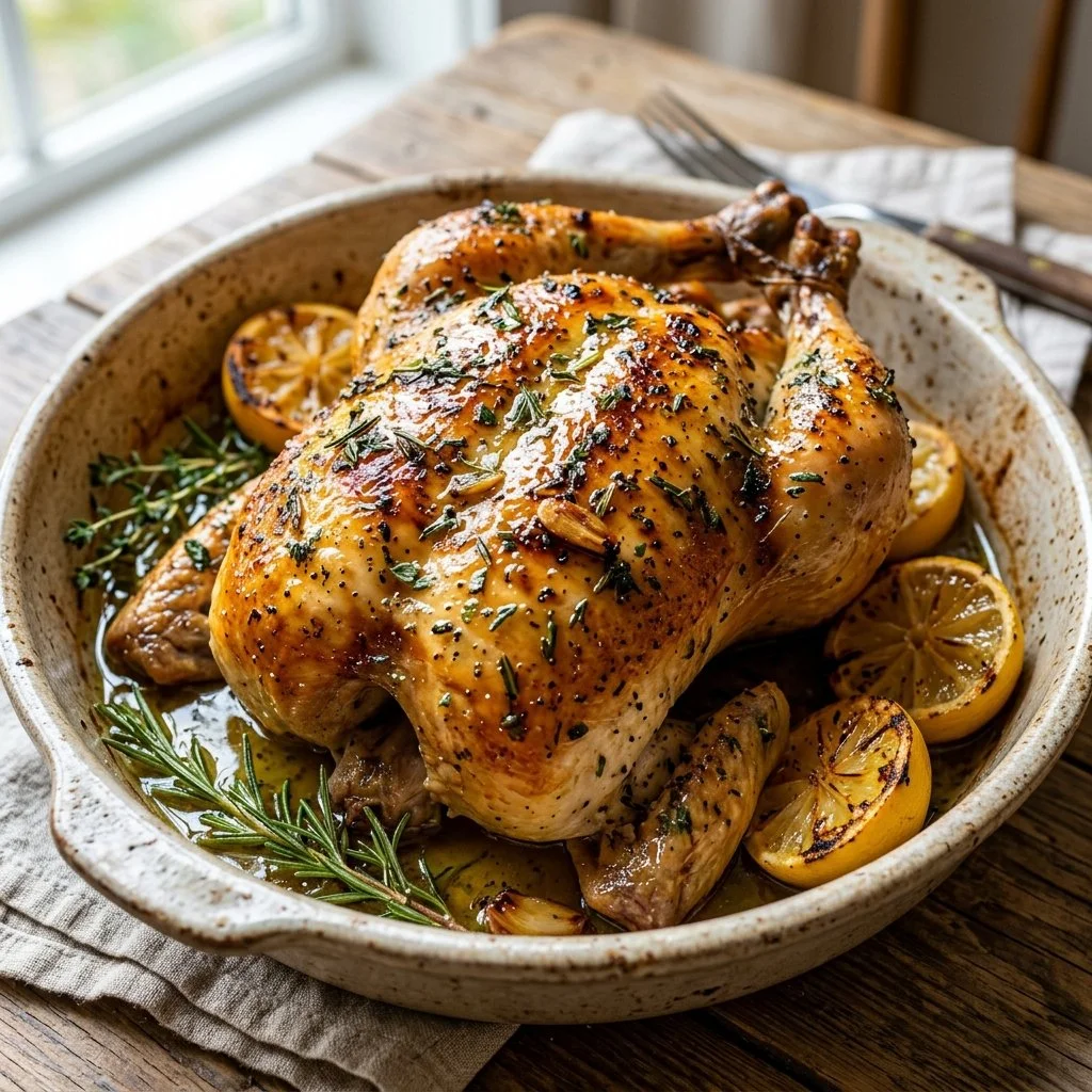 Lemon Herb Roasted Chicken garnished with fresh herbs on a serving platter.
