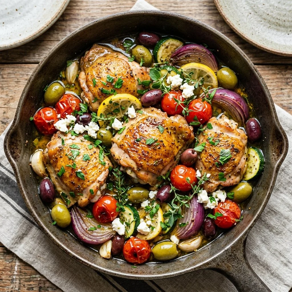 Mediterranean Chicken Skillet with fresh vegetables and herbs
