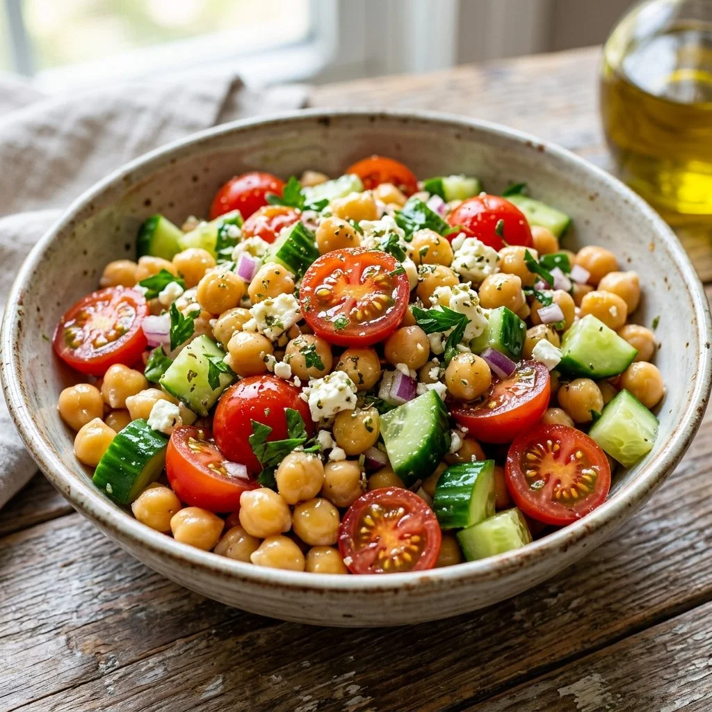 Mediterranean Chickpea Salad with fresh vegetables and herbs