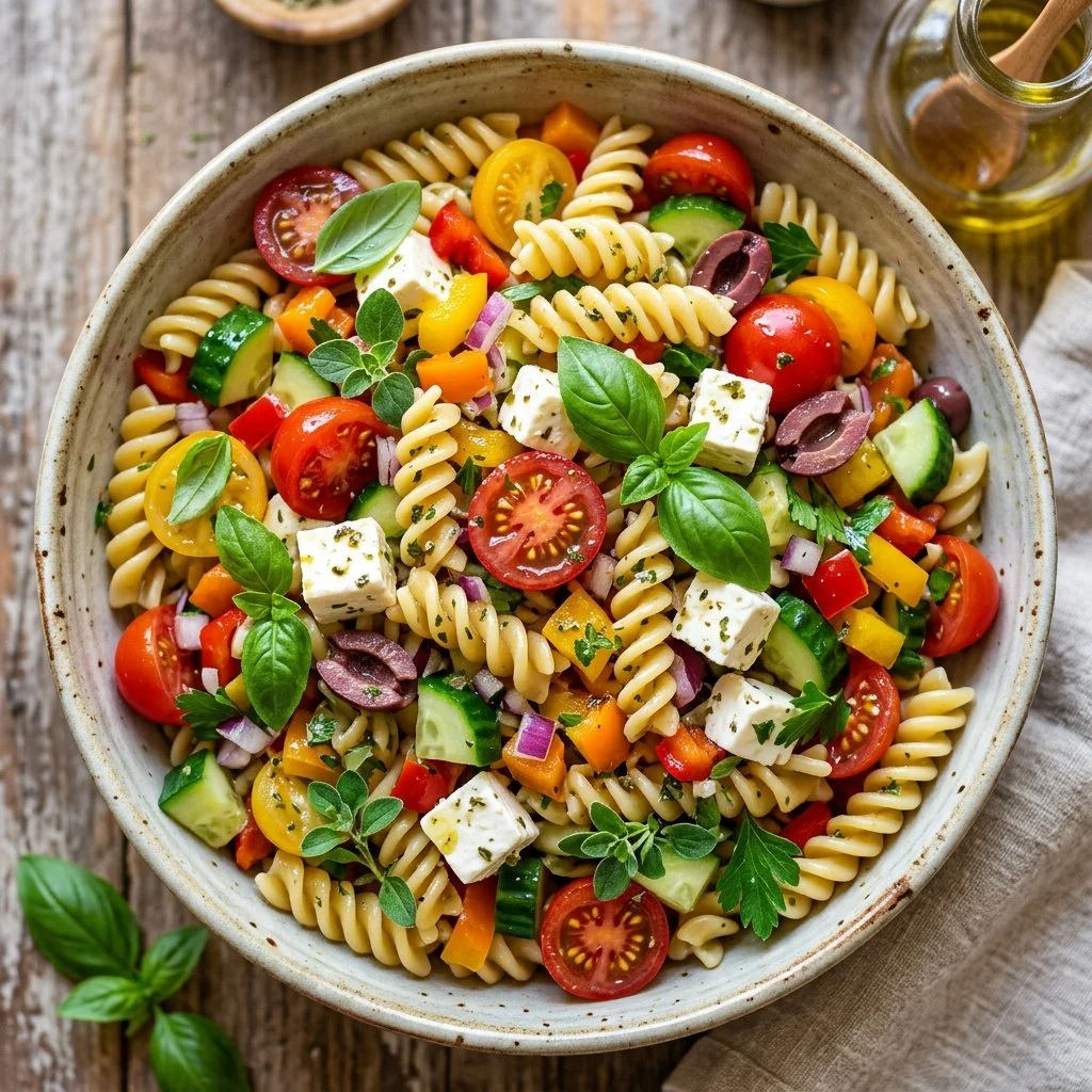 A colorful bowl of Mediterranean Pasta Salad with olives, feta, and veggies.
