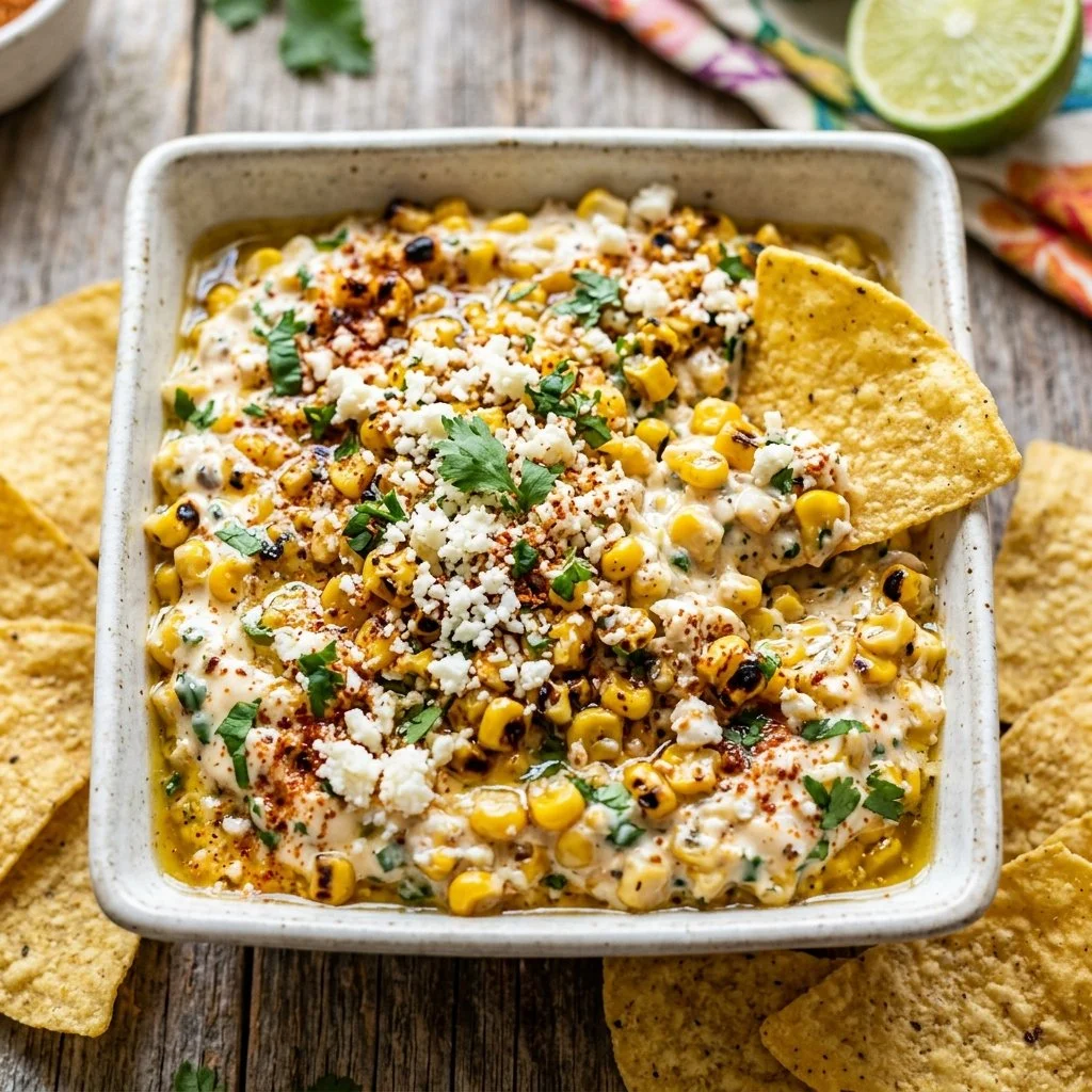 Creamy Mexican street corn dip served in a bowl with toppings