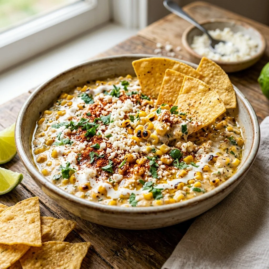 Bowl of creamy Mexican Street Corn Dip topped with chili and cilantro