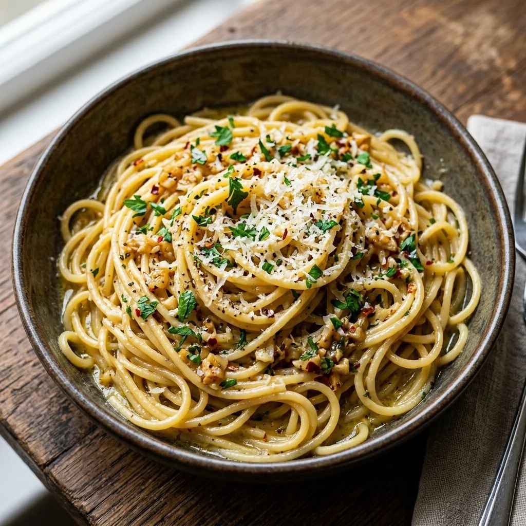 Delicious one pot garlic pasta served with fresh herbs and grated cheese.
