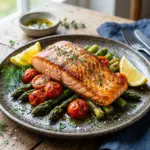 Delicious pan seared salmon served with fresh vegetables