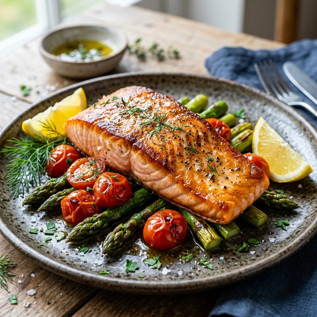 Delicious pan seared salmon served with fresh vegetables