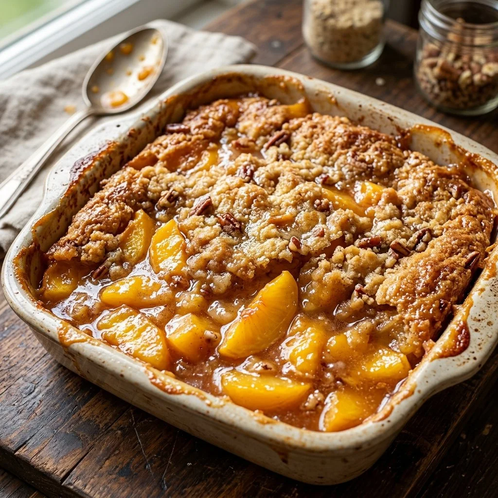 Delicious Peach Dump Cake with juicy peaches and a golden cake topping