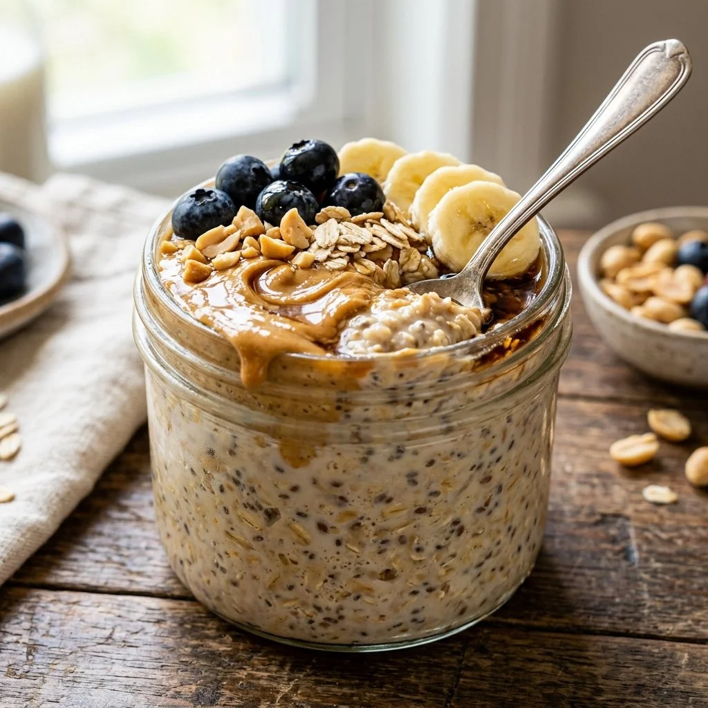Bowl of peanut butter overnight oats topped with fruits and nuts